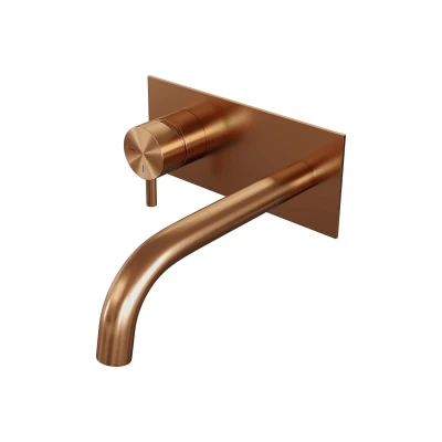 Afbeelding van Brauer Copper Edition Wastafelmengkraan inbouw gebogen uitloop rechts hendel kort smal afdekplaat model B2 PVD geborsteld koper