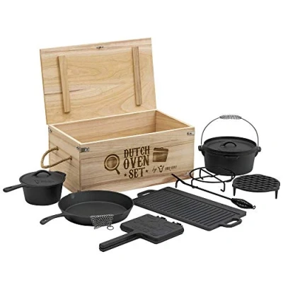 Afbeelding van BBQ Toro Dutch Oven Set in houten kist met en meer gietijzer al ingebrand (10 delig)