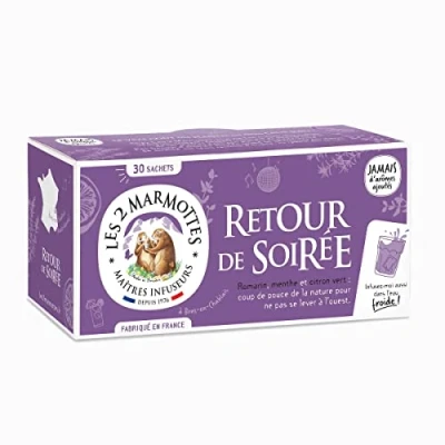 Afbeelding van Les 2 Marmottes Biologische infusie voor avondevenementen, 30 zakjes rozemarijn, munt en citroen fris verkwikkend ideaal feestjes warm of koud gemaakt in Frankrijk zonder extra aroma&#039;s 42 g