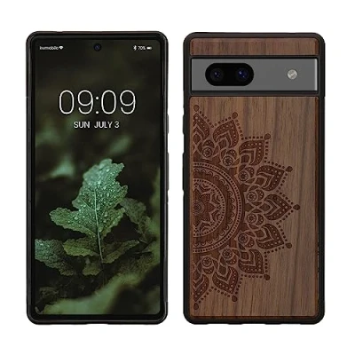 Afbeelding van kwmobile telefoonhoesje geschikt voorGoogle Pixel 7a Hoesje met bumper walnoothout In donkerbruin Opkomende Zon design