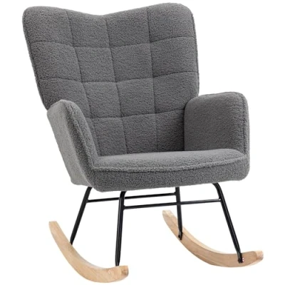 Afbeelding van HOMCOM Schommelstoel Accentstoel Woonkamerstoel Relaxstoel voor slaapkamer, Draagvermogen tot 120 kg, Berbervlies, Donkergrijs 71 x 92 101 cm