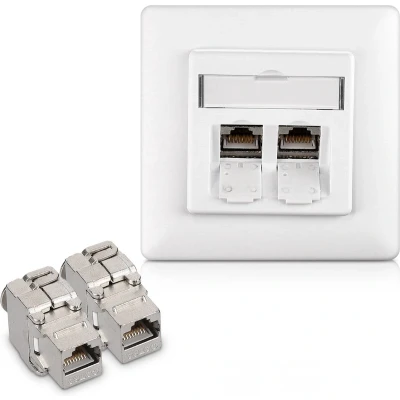 Afbeelding van kwmobile UTP contactdoos 2x keystone adapters voor CAT6A kabels 1x wandcontactdoos Met dubbele RJ45 poort afgeschermde metalen behuizing