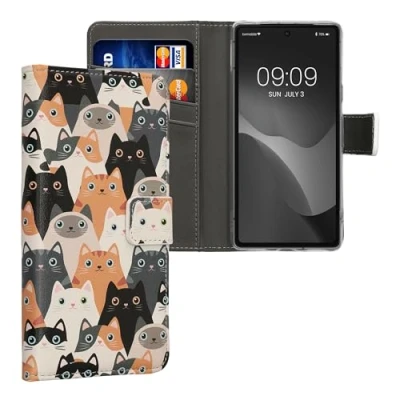 Afbeelding van kwmobile telefoonhoesje compatibel Met Google Pixel 7a hoesje pasjeshouder in oranje/zwart/wit Katten