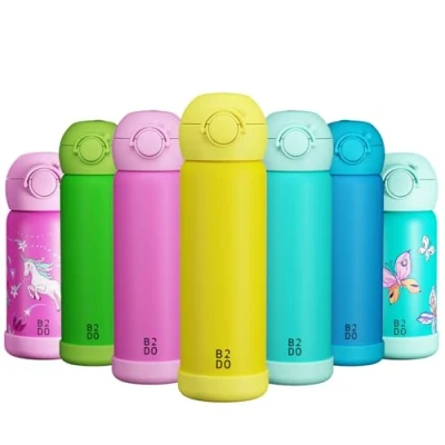 Afbeelding van Dubbelwandige roestvrijstalen waterfles, 500 ml, geel, lekvrije geïsoleerde kinderwaterfles voor school, BPA vrije drinkfles met rietje kinderen