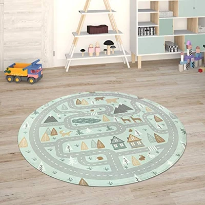 Afbeelding van Kindervloerkleed Kinderkamer Babykleed Stratenvloerkleed Speelvloerkleed, Maat:Ø 120 cm rondje, Kleur:Turquoise