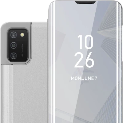 Afbeelding van Cadorabo Hoesje geschikt voor Samsung Galaxy A02s in AGAAT ZILVER Clear View Spiegel Beschermende Case met Tribunefunctie 360 Graden Bescherming Book Cover Etui