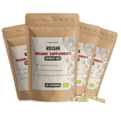 Afbeelding van Cupplement 4 Zakken Reishi Extract Capsules 60 Stuks 20:1 Inclusief Pillendoos Biologisch 400 MG Per Capsule Geen Poeder Supplement Superfood Mushroom Paddenstoel