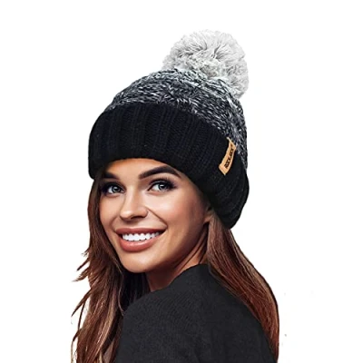 Afbeelding van RockJock STORMACTIVE 100% waterdichte dames unisex dikke ombre warme winter teddy fleece gevoerd gebreide pompom beanie hoed, Zwart/Grijs, One size