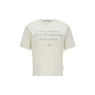 Afbeelding van QS Shortened Front Tshirt print, Dames, Maat: Small, Ecru