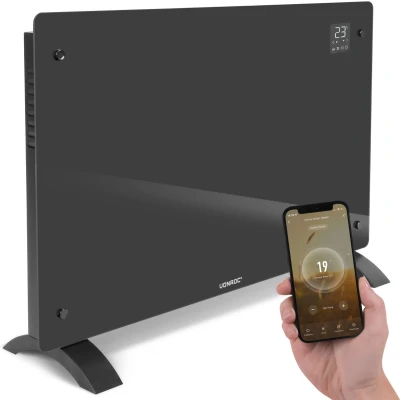 Afbeelding van VONROC Luxe elektrische kachel Convectorkachel met glazen paneel 1000W/2000W Verwarmt ruimtes tot 24m2 Bediening zowel app (via Wifi) als handmatig Instelbare thermostaat en timer Grijs