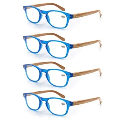 Afbeelding van MODFANS Leesbril 1.0 heren en dames, 4 stuks, goede brillen, hoogwaardig, comfortabel, rechthoekig, hout effect, super leeshulp, voor mannen vrouwen, blauw