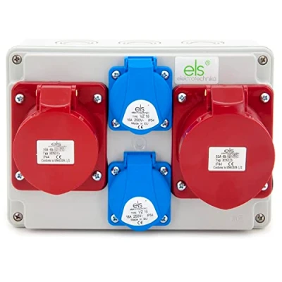 Afbeelding van ELS Elektrotechnika Stroomverdeler wandverdeler 2 x 230 V Schuko + 1 CEE 32 A 16 A, bouwstroomverdeler voor binnen en buiten, werkplaatsen fabrieken