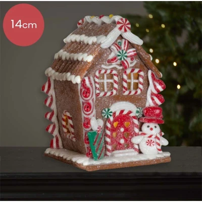 Afbeelding van Bruin Peperkoekhuisje met sneeuwpop en cadeautje 14cm
