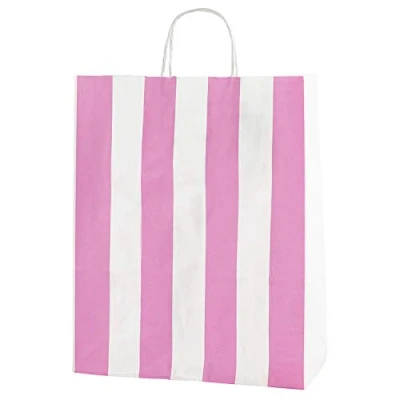 Afbeelding van Thepaperbagstore 10 Gekleurde Papieren Zakken, Recyclebaar En Herbruikbaar, Met Gedraaide Handvatten, Lichtroze Witte Strepen Middelgroot 250x110x310mm