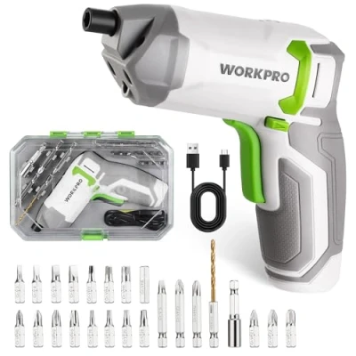 Afbeelding van WORKPRO 3,6V Elektrische Excentrische Accuschroevendraaier Set, Draadloze met LED Licht en 24 accessoires voor doe het zelf klussen projecten, Wit