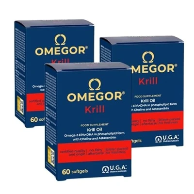 Afbeelding van OMEGOR® Krill 250 mg EPA und DHA, 672 Phospholipide, 100 Astaxanthin 82 Cholin 180 weiche Kapseln (60 cps x 3)