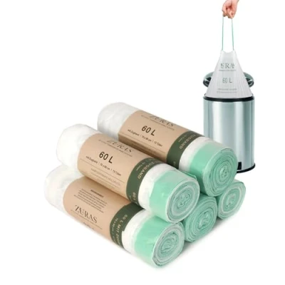 Afbeelding van ZURAS® 60 liter biologische afvalzakken met trekkoord 75 composteerbare, biologisch afbreekbare afvalzakken, DIN en 13432 gecertificeerd getest, scheurvast waterdicht