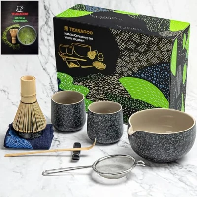 Afbeelding van TEANAGOO Matcha Set Whisk Bowl with Pouring Spout Scoop Holder Tea Making Kit. 1 Japanse theeset (7st) + 2 kopjes (7.2oz), S1, Charcoal Grey, kleurendoos