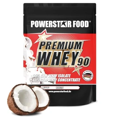 Afbeelding van Powerstar PREMIUM WHEY 90 Protein Powder 850 g 81,6% Eiwit Wei Poeder Gemaakt in Duitsland 55% CFM Isolaat &amp; 45% Concentraat rijk aan EAA BCAA Coconut