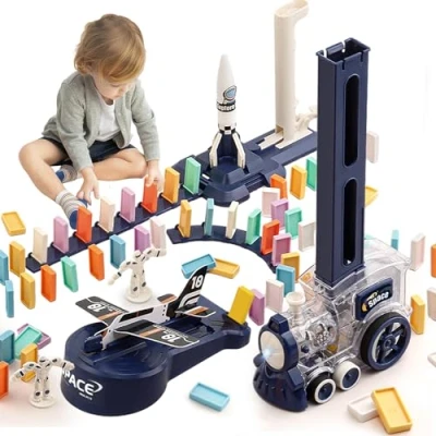 Afbeelding van OBEST 200 stuks domino speelgoedset, elektrische rallytrein met licht en geluid, automatische plaatsing van blokken, pedagogisch speelgoedcadeau voor meisjes jongens vanaf 3 jaar