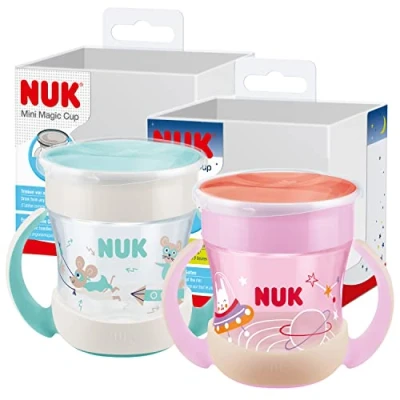 Afbeelding van NUK Mini Magic Cup Night tuitbeker 6+ maanden 160 ml Lekvrije 360 drinkrand om vanaf elke kant te kunnen drinkenGeeft licht in het donker Makkelijk vast pakken handgrepenRoze2 stuks