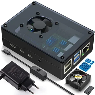 Afbeelding van Miuzei behuizing voor Raspberry Pi 4 met zichtbare acryl ventilator koeling aluminium koellichaam 5 V 3 A USB C AAN/UIT schakelaar voeding 4b Case compatibel Model B 8 GB/4 GB/2 GB zwart