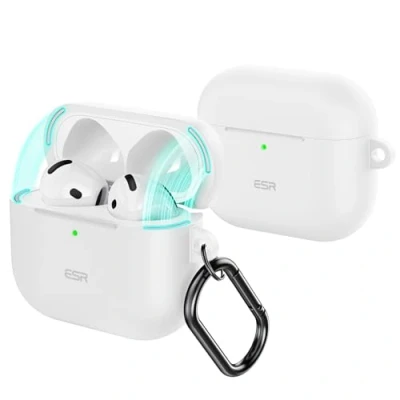 Afbeelding van ESR AirPods 4 beschermhoes, compatibel met 4e generatie (2024), magneetdeksel, volledige valbescherming karabijnhaak, cloud serie, wit