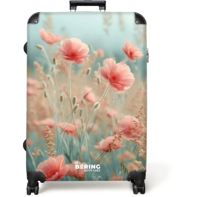 Afbeelding van NoBoringSuitcases.com® Koffer groot Reiskoffer lichtgewicht Bloemenveld met roze klaprozen Rolkoffer 4 wielen Grote trolley XL 98 liter bagage
