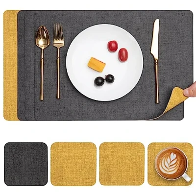 Afbeelding van Myir JUN Lederen Placemat en Onderzetters, Tafelmatten Waterdichte Afveegbare Dubbelzijdige Plaats Matten Koffiematten Antislip Wasbare Placemats Coaster (Grijs Geel, Sets 4)