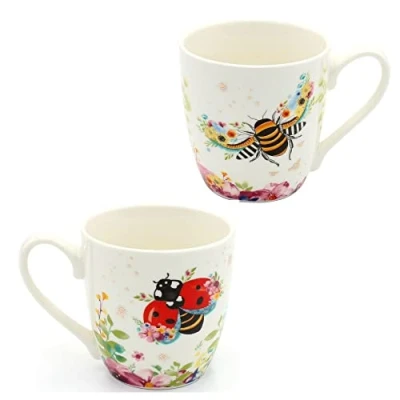 Afbeelding van Dekohelden24 Set van 2 koffiemokken, koffiekopjes porselein, motief: bij en lieveheersbeestje, afmetingen H/Ø: 10 x 9 cm, inhoud 400 ml, vaatwasmachinebestendig