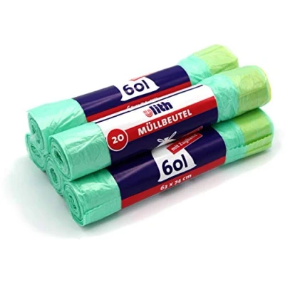 Afbeelding van 100 vuilniszakken/vuilniszakken met band, 60 liter, 20 stuks per rol, 63 x 74 cm, scheurvast en vloeistofdicht (5 rollen)