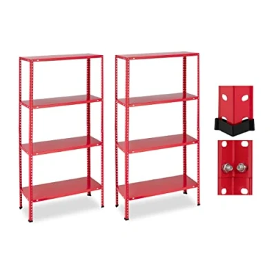 Afbeelding van Relaxdays stellingkast, set van 2, 160 kg, HBD 147,5 x 75,5 30,5 cm, voorraadkast &amp; garage, stalen opbergrek, rood