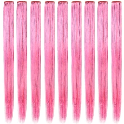 Afbeelding van ZHAOWWEI 9 PCS Prinzessin Bunte Extensions Multi Colors Party Highlights Streifen Synthetische Haarteile Clip In/Clip On Farbige Haarverlängerungen(Rosa)