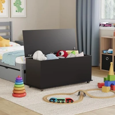 Afbeelding van Vida Designs Leon speelgoedkist zwart hout kinderopbergdoos kist met deksel, afdekkingen en dekens, Kids Tidy Bin