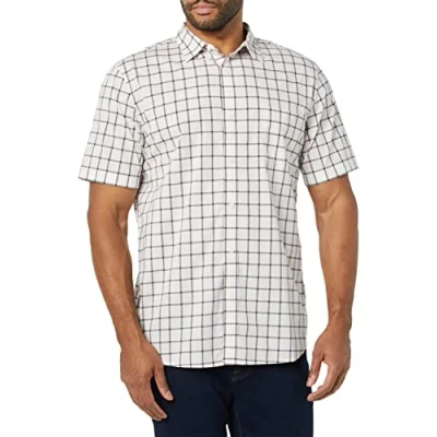 Afbeelding van Amazon Essentials Heren Slim Fit Poplin Shirt met korte mouwen, roze wit Buffalo Plaid, XS