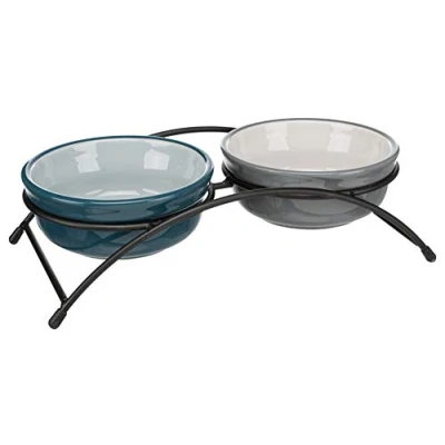 Afbeelding van TRIXIE Eat on Feet voederbak voor honden, petrolblauw/lichtblauw/grijs/lichtgrijs, 2 x 1,6 l/ø20 cm