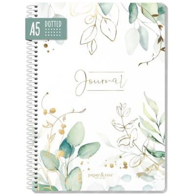 Afbeelding van paper&amp;you® Bullet Journal gestippeld A5 met spiraalbinding &quot;bladgoud&quot; 160 pagina&#039;s, notitieboek spiraal, collegeblok, spiraalblok, notitieblok duurzaam &amp; klimaatvriendelijk