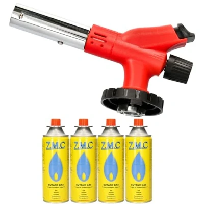 Afbeelding van Z.M.C Gasbrander 1,0 kW + 4 gaspatronen 227 g, flambeerbrander tot 1300 C, bunsenbrander, soldeerbrander, keukenbrander met instelbare vlam, branderopzetstuk