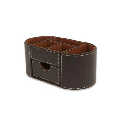 Afbeelding van OSCO Bruine bureauorganizer van kunstleer met lade, opgeruimd bureau, pennenhouder, make upcontainer, potloodopbergruimte, 6 vakken, schrijfgerei, 10 x 23 12 cm (h b d)