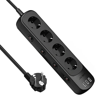 Afbeelding van JSVER Stekkerdoos, afzonderlijk schakelbaar, 4 voudige meervoudige stopcontacten (3680 W, 16 A) met 3 USB laadfunctie, verdelerstopcontact schakelaar, voor smartphones, tablets, 1,5 m, zwart