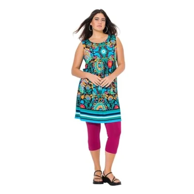 Afbeelding van Ulla Popken Mixed Flower Print Sleeveless Swing Jurk, Dames, Maat: 42/44, Mint green