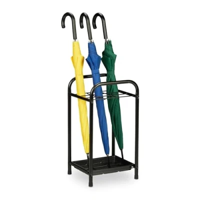Afbeelding van Relaxdays metalen paraplubak paraplustandaard zwart grote parapluhouder met lekbak