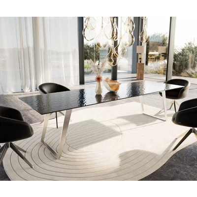 Afbeelding van DELIFE Eetkamertafel Edge 300x100 Glas smelten rokerig zwart 3D Relief RVS schuin