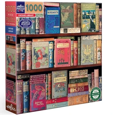 Afbeelding van eeBoo Vintage bibliotheek kleurrijk, 1000 stukjes, puzzel van gerecycled karton, afmetingen 58,5 cm per kant, PZTVTL