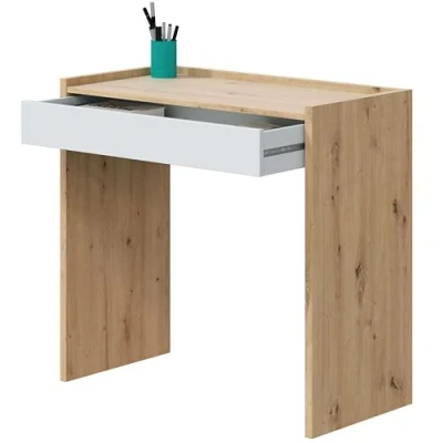 Afbeelding van bureau met 1 lade, tafel of bureau, model Noa, wit en eiken, afmetingen: 81,5 cm (lengte) x 40 (breedte) 77 (hoogte)
