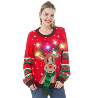 Afbeelding van JOYIN Rendierkersttrui voor dames, met ledlicht, rood, S