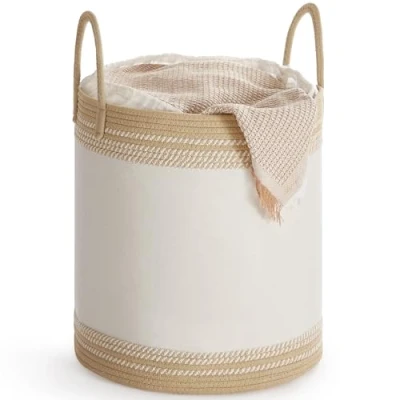 Afbeelding van SONGMICS Wasmand, 60 L Opbergbak met Deksel, Katoenen Touw, Handvat, Trekkoord, voor Kleding, Dekens, Woonkamer, Slaapkamer, 41 x 46 cm, Kameelbruin RLH060K01