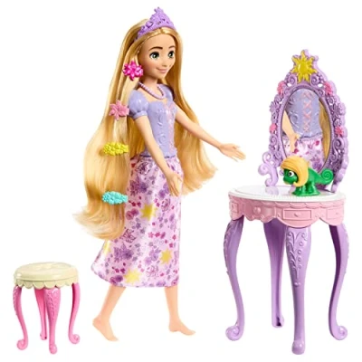 Afbeelding van Mattel Disney Prinses Speelgoed, Rapunzel Pop met Kaptafel, Pascal en 10 accessoires, geïnspireerd op de film HLX28
