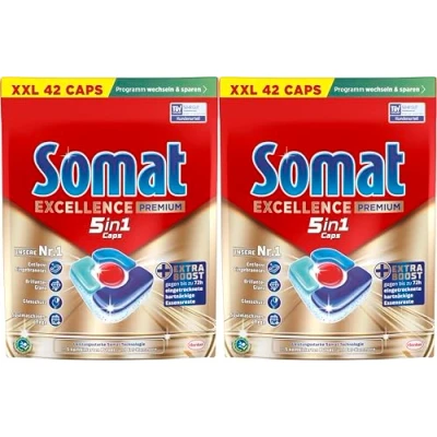 Afbeelding van Somat Excellence premium 5 in 1 doppen, 84 doppen (2 x 42 dops), snel oplossende vaatwastabletten met extra boost, Caps verwijderen zelfs 72 uur ingedroogde, hardnekkige etensresten