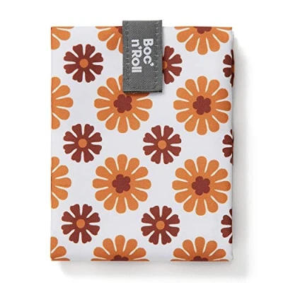 Afbeelding van Roll&#039;eat ® Boc&#039;n&#039;Roll Tiles Herbruikbare Ecologische Boterhamzak zonder BPA, Oranje en Rode Bloemen Waterdicht, Vlek bestendig, Gemakkelijk Te Reinigen Machine wasbaar